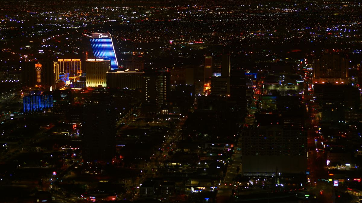 Aerial view of Las Vegas skyline lit up at night