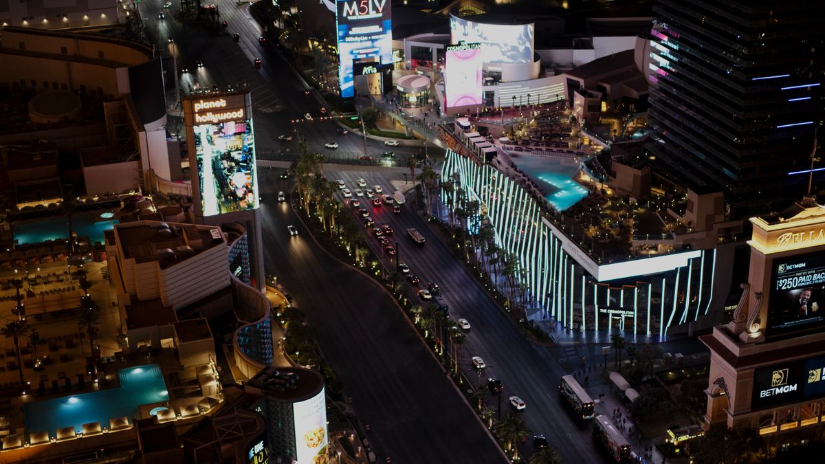 Las Vegas Strip at night with glowing neon lights along the boulevard